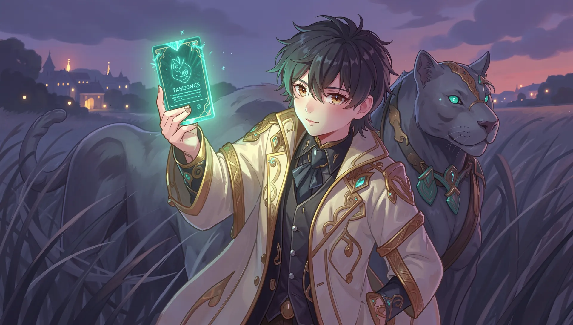 A Soul Breeder in a dusk field holds up a glowing card, a grey panthera at his side.