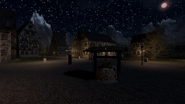 Lumen Yard at night: the day and night cycle lights the lamps